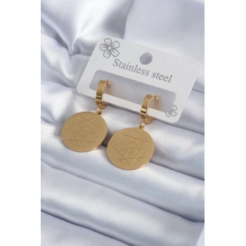 ÇOK SATAN BFS 316L Çelik Gold Renk Pentagram Yıldızı İşleme Model Kadın Küpe