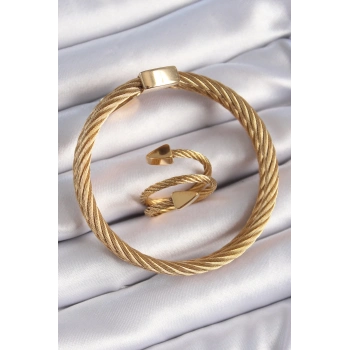 ÇOK SATAN BFS 316L Çelik Gold Renk Sarmal Model Erkek Bileklik Yüzük Kombini
