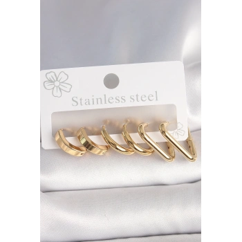 ÇOK SATAN BFS 316L Çelik Gold Renk Üçgen Halka Model Kadın Küpe Seti