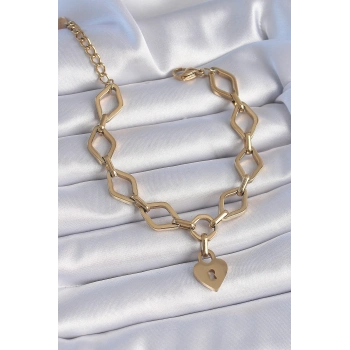 ÇOK SATAN BFS 316L Çelik Gold Renk Zincir Model Kilit Kalp Figür Kadın Bileklik