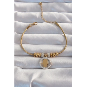ÇOK SATAN BFS 316L Çelik Gold Renk Zirkon Taş Aksesuarlı Fatma Ana Eli Bileklik