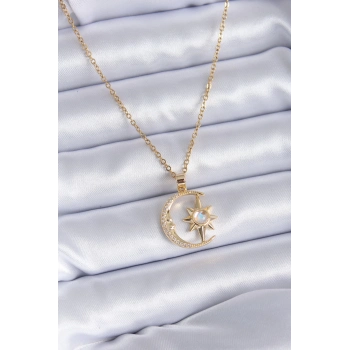 ÇOK SATAN BFS 316L Çelik Gold Renk Zirkon Taşlı Ay Yıldız Model Kadın Kolye