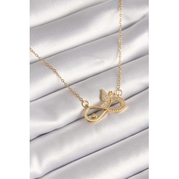 ÇOK SATAN BFS 316L Çelik Gold Renk Zirkon Zincir Taşı Sonsuzluk Kelebek Model Kadın Kolye