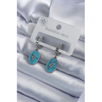 ÇOK SATAN BFS 316L Çelik Gümüş Renk Oval Mavi Taşlı Yılan Figür Kadın Küpe