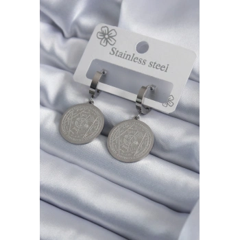 ÇOK SATAN BFS 316L Çelik Gümüş Renk Pentagram Yıldızı İşleme Kadın Küpe