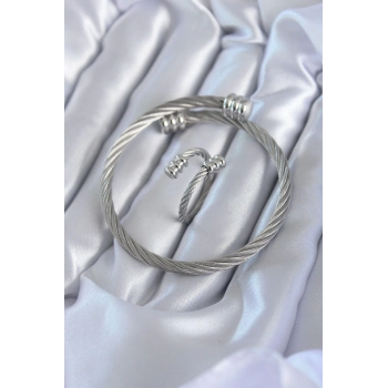 ÇOK SATAN BFS 316L Çelik Gümüş Renk Sarmal Model Erkek Bileklik Yüzük Kombini