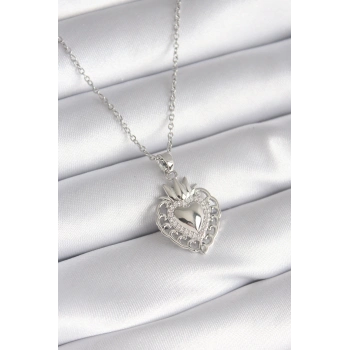 ÇOK SATAN BFS 316L Çelik Gümüş Renk Zirkon Taş Detay Taç Kalp Model Kadın Kolye