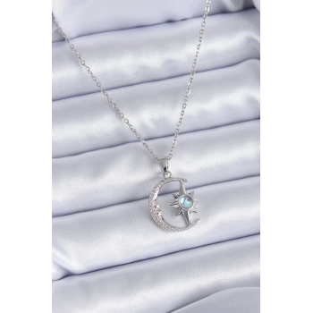 ÇOK SATAN BFS 316L Çelik Gümüş Renk Zirkon Taşlı Ay Yıldız Model Kadın Kolye