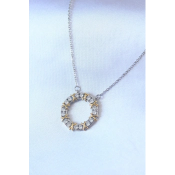 ÇOK SATAN BFS 316L Çelik Gümüş Renk Zirkon Taşlı Gold Detay Xoxo Kadın Kolye