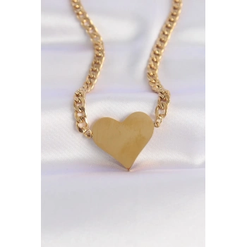 ÇOK SATAN BFS 316L Çelik Zincir Altın Renk Düz Plaka Kalp Kolye