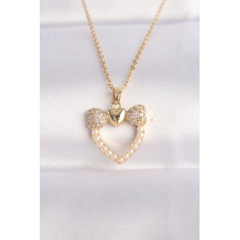 ÇOK SATAN BFS 316L Çelik Zincir Altın Renk İnci Taş Detay Zirkon Taşlı Kalp Kolye