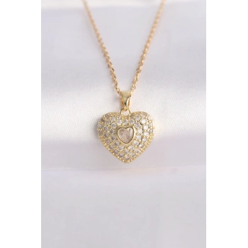 ÇOK SATAN BFS 316L Çelik Zincir Altın Renk Zirkon Taşlı Kalp Kolye