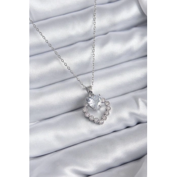 ÇOK SATAN BFS 316L Çelik Zincir Gümüş Renk Zirkon Taşlı Kalp Model Kadın Kolye