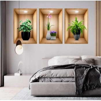 ÇOK SATAN BFS  3D Çiçek Vazo Duvar Sticker 3 lü Set Kahverengi Fon