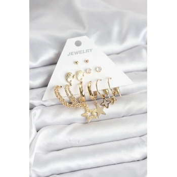 ÇOK SATAN BFS Gold Renk Yıldızlı Set 6 Çift Kadın Küpe Seti