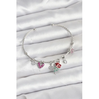 ÇOK SATAN BFS Gül Charmlı Gümüş Renk Pirinç Kadın Bileklik