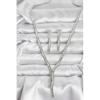 ÇOK SATAN BFS Gümüş Renk Baget Zirkon Taşlı Kadın Kolye Küpe Set