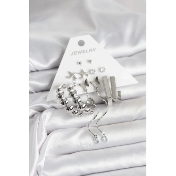 ÇOK SATAN BFS Gümüş Renk Pirinç 6lı Kadın Küpe Seti