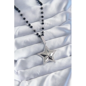 ÇOK SATAN BFS Gümüş Renk Siyah Boncuk Zirkon Taşlı Pirinç Yıldız Model VİP Seri Kadın Kolye