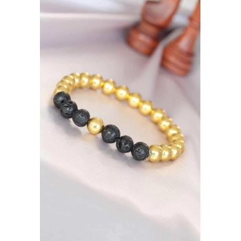 ÇOK SATAN BFS Lav Doğal Taş Detaylı Hematit Gold Renk Erkek Bileklik