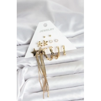 ÇOK SATAN BFS Pirinç Gold Renk 6 Çift Kadın Küpe Seti