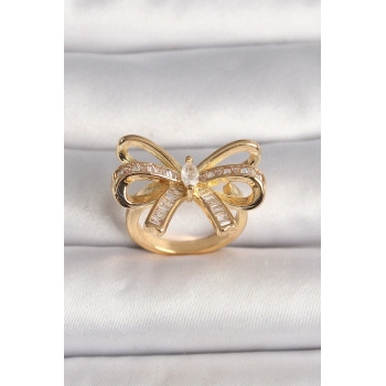 ÇOK SATAN BFS Pirinç Gold Renk Ayarlanabilir Zirkon Taşlı Kurdele Model Kadın Yüzük