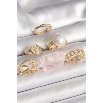 ÇOK SATAN BFS Pirinç Gold Renk Beyaz İncili Zincir Yüzük Figür İşleme Detay 6Lı Kadın Yüzük Seti