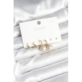 ÇOK SATAN BFS Pirinç Gold Renk İnci Detaylı 925 Gümüş Çivili Kadın Küpe Seti