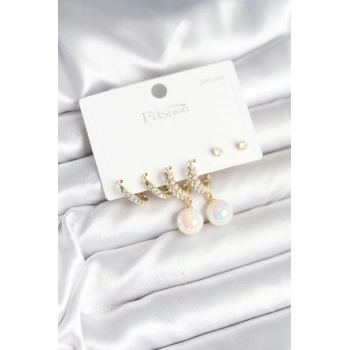 ÇOK SATAN BFS Pirinç Gold Renk İncili 925 Ayar Gümüş Çivi Kadın Küpe Seti