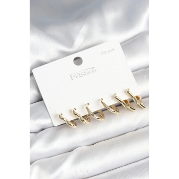 ÇOK SATAN BFS Pirinç Gold Renk Kalp Yıldız ve Halka Model 925 Ayar Gümüş Çivili Kadın Küpe Seti