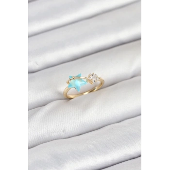 ÇOK SATAN BFS Pirinç Gold Renk Mavi Yıldızlı Model Kadın Yüzük