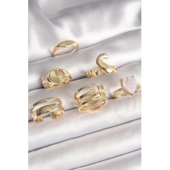 ÇOK SATAN BFS Pirinç Gold Renk Pembe Damla Mineli Sarmal İşleme Detaylı 6Lı Kadın Yüzük Seti