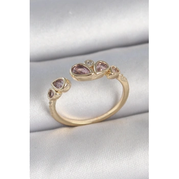ÇOK SATAN BFS Pirinç Gold Renk Pembe Damla Zirkon Taşlı Ayarlanabilir Kadın Yüzük