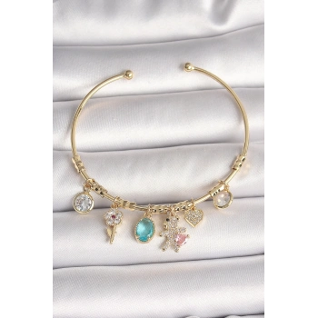 ÇOK SATAN BFS Pirinç Gold Renk Sallantı Zirkon Taşlı AYıcık Figür Kalp Detay Charm Kadın Bileklik