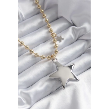 ÇOK SATAN BFS Pirinç Gold Renk Topçuk Zincir Gümüş 3D Yıldız Model Yıldız Detay VİP Kadın Kolye