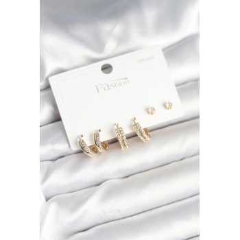 ÇOK SATAN BFS Pirinç Gold Renk Zirkon Taşlı 925 Gümüş Çivili Kadın Küpe Seti