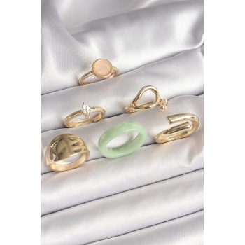 ÇOK SATAN BFS Pirinç Gold Renk Zirkon Taşlı Daire Pembe Mineli Detay 6Lı Kadın Yüzük Seti