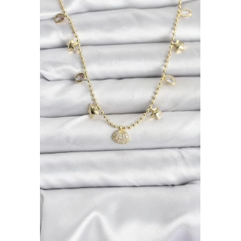 ÇOK SATAN BFS Pirinç Gold Renk Zirkon Taşlı Deniz Kabuğu Model Kadın Kolye