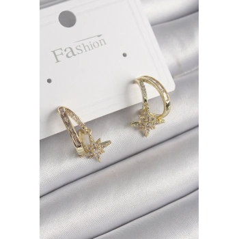 ÇOK SATAN BFS Pirinç Gold Renk Zirkon Taşlı Halka Model Yıldız Detay Kadın Küpe