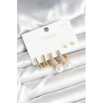 ÇOK SATAN BFS Pirinç Gold Renk Zirkon Taşlı İnci Detaylı 925 Ayar Gümüş Çivili Kadın Küpe Seti