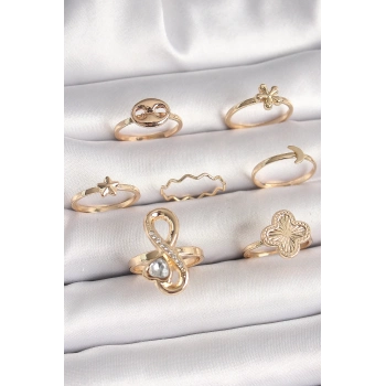 ÇOK SATAN BFS Pirinç Gold Renk Zirkon Taşlı Sonsuzluk Figür Yıldız Detay Kadın Yüzük Kombini