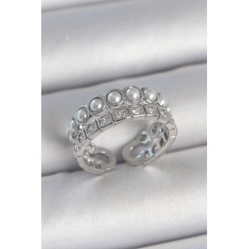 ÇOK SATAN BFS Pirinç Gümüş Renk 2Li Sıra Zirkon Taşlı Ve İncili Ayarlanabilir Kadın Yüzük