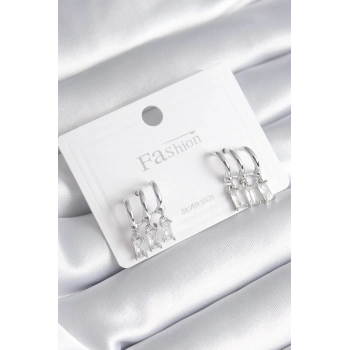 ÇOK SATAN BFS Pirinç Gümüş Renk 3lü Sallantı Zirkon Taşlı Küpe