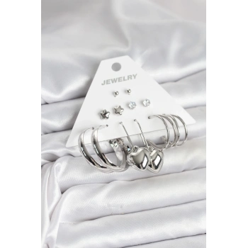 ÇOK SATAN BFS Pirinç Gümüş Renk 6 Çift Kadın Küpe Seti