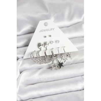 ÇOK SATAN BFS Pirinç Gümüş Renk 6lı Kadın Küpe Seti