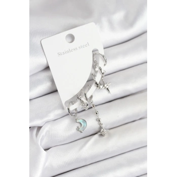 ÇOK SATAN BFS Pirinç Gümüş Renk Ay Model Kadın Set Küpe