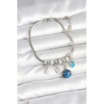 ÇOK SATAN BFS Pirinç Gümüş Renk Dünya Charmlı Kadın Bileklik