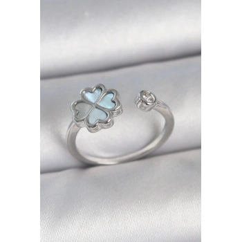 ÇOK SATAN BFS Pirinç Gümüş Renk Mavi Mineli Yonca Model Zirkon Taş Detay Ayarlanabilir Kadın Yüzük