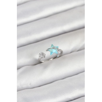 ÇOK SATAN BFS Pirinç Gümüş Renk Mavi Yıldızlı Model Kadın Yüzük