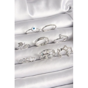 ÇOK SATAN BFS Pirinç Gümüş Renk Nazar Boncuk Detay İncili Kelebek İşlemeli Kadın Yüzük Kombini